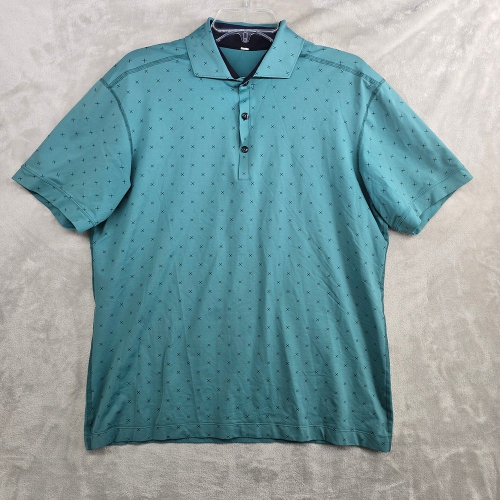 Lululemon Men's‎ Large Short Sleeve Polo Shirt Teal Cross Pattern Golf Athletic